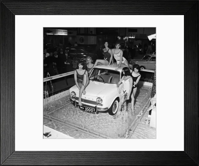 Framed Print : Bathing beauties with the new Simca 1000 in display fountains at the Earls Court Motor Framed Print : Bathing beauties with the new Simca 1000 in display fountains at the Earls Court Motor
