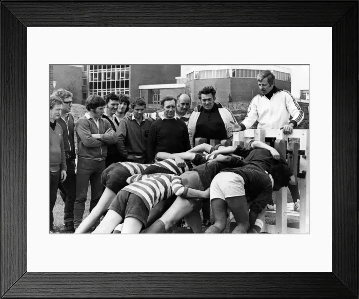 Framed Print : Ray Williams makes a point about scrummaging to teachers