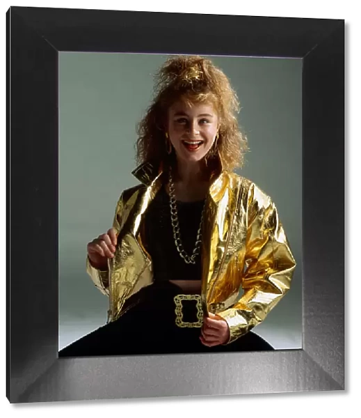 Michelle Watt modelling gold jacket November 1989