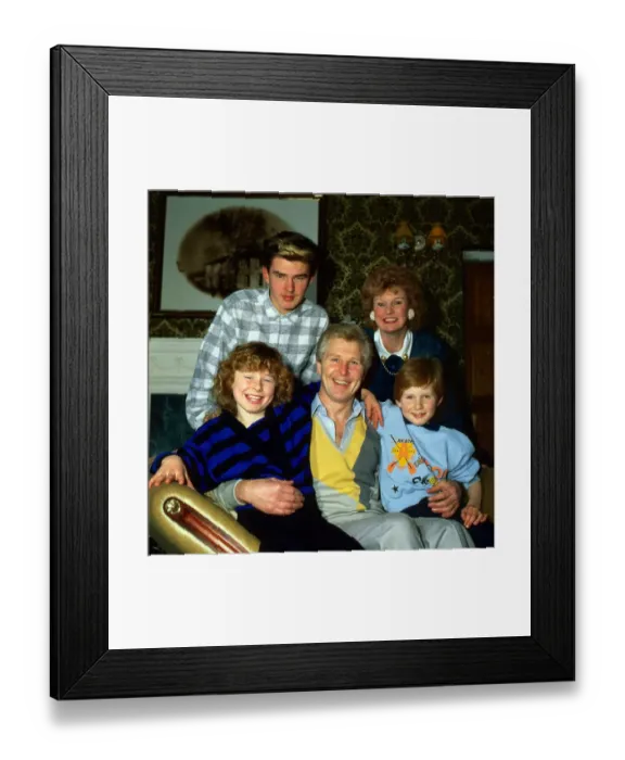 Framed Print : Jim Watt at home with his wife Michelle and children December 1986 L-R