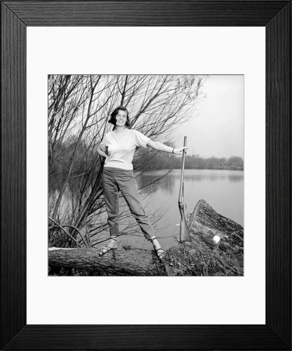 Framed Print : Gwendolen Tulley poses with her rifle as she enjoys a shooting holiday, 1956 Framed Print : Gwendolen Tulley poses with her rifle as she enjoys a shooting holiday, 1956