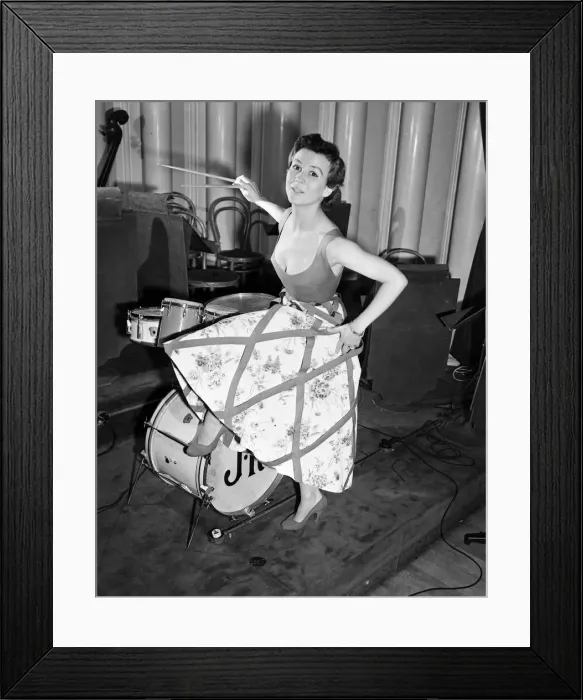 Framed Print : Model, Guislaine, pictured wearing a bold swoop neckline dress designed by Italian Framed Print : Model, Guislaine, pictured wearing a bold swoop neckline dress designed by Italian
