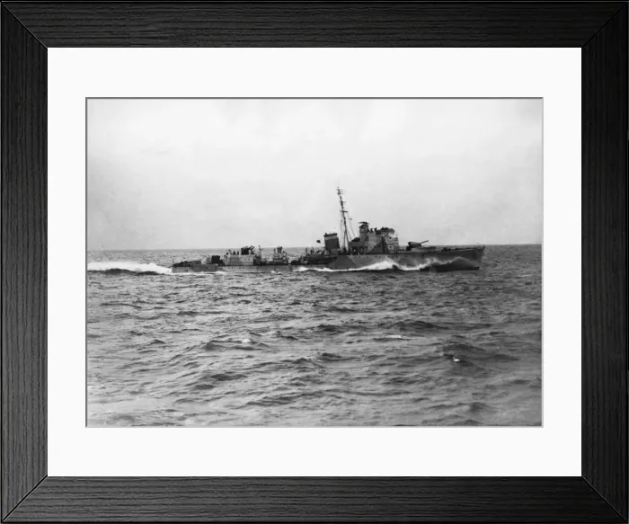 Framed Print : The Hunt Class destroyer HMS Brocklesby steaming at high speed during a target practice