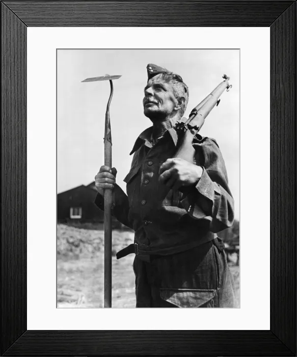 Framed Print : Rifles stand stacked ready while farmhands in the uniform Framed Print : Rifles stand stacked ready while farmhands in the uniform