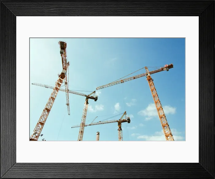 Framed Print : Construction Cranes over skyline, East Berlin, Germany, 7th April 1995 Framed Print : Construction Cranes over skyline, East Berlin, Germany, 7th April 1995