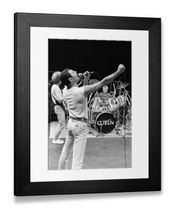 Framed Print : British Rock group Queen rehearsing at the Shaw Theatre in Euston ahead of the Live Aid