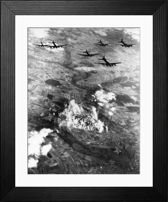 Framed Print : Aerial view of B17 Fortress bombers of the US 8th Air Force plastering another Nazi Framed Print : Aerial view of B17 Fortress bombers of the US 8th Air Force plastering another Nazi