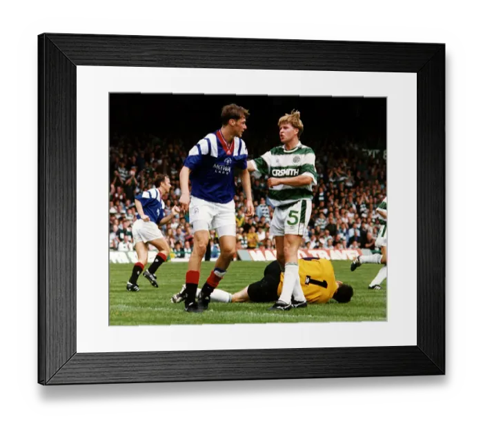 Framed Print : Mark McNally argues with Duncan Ferguson as goalkeeper Pat Bonner lies injured football