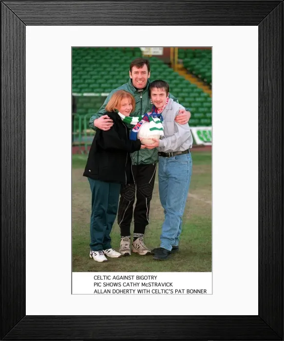 Framed Print : Pat Bonner with Cathy McStravick and Allan Doherty on football pitch green white scarf Framed Print : Pat Bonner with Cathy McStravick and Allan Doherty on football pitch green white scarf
