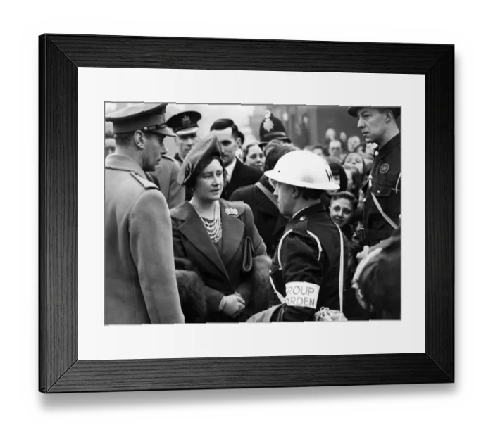 Framed Print : Royal visit to Salford - King George VI & Queen Elizabeth talking to a group warden in Framed Print : Royal visit to Salford - King George VI & Queen Elizabeth talking to a group warden in