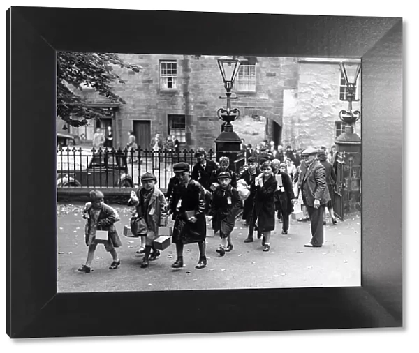 Newcastle school children arriving at the Archbold Hall, Wooler, Northumberland