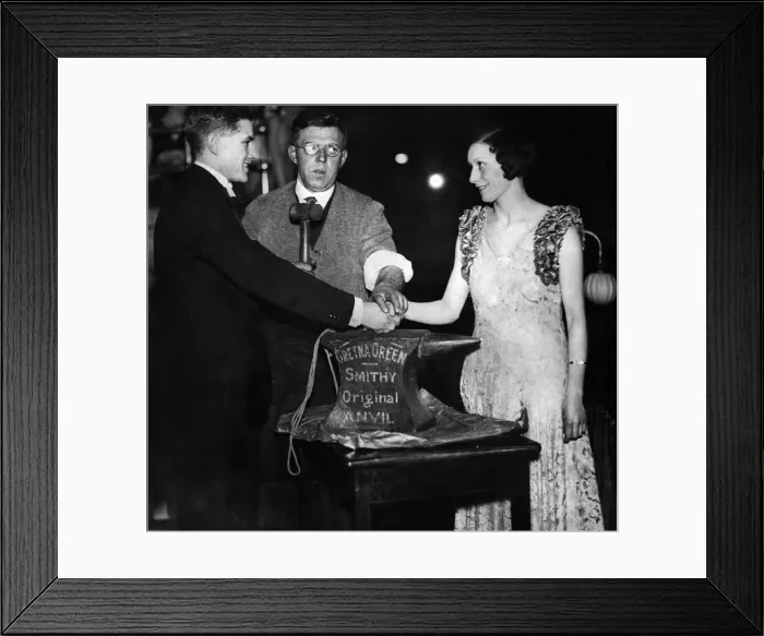 Framed Print : A wedding over the anvil with the actual Gretna Smith officiating at the press Ball Framed Print : A wedding over the anvil with the actual Gretna Smith officiating at the press Ball