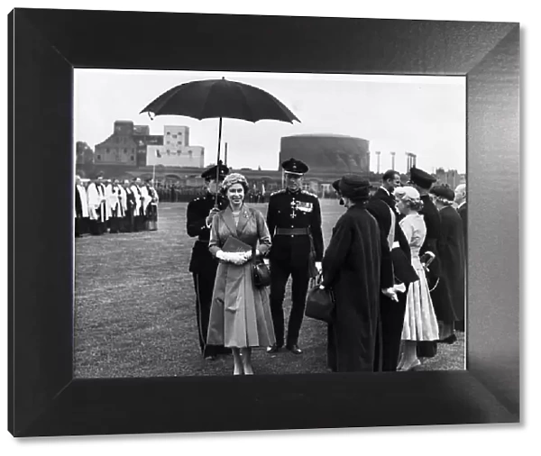 Queen Elizabeth II attends the ceremony on the Roodee, Chester, under heavy skies