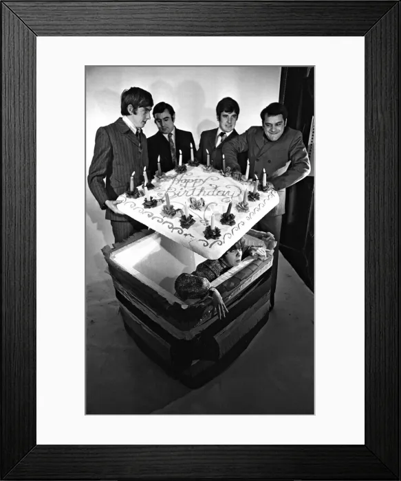 Framed Print : Eric Idle, Terry Jones, Michael Palin and David Jason help Denise Coffey celebrate her Framed Print : Eric Idle, Terry Jones, Michael Palin and David Jason help Denise Coffey celebrate her
