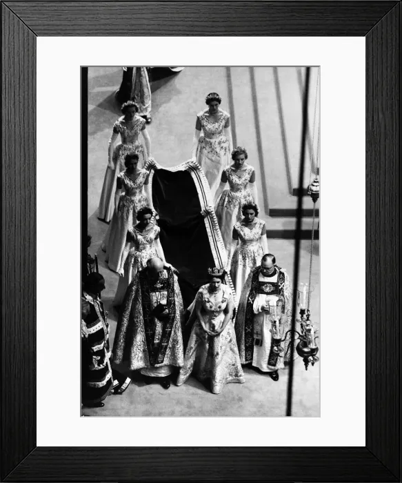 Framed Print : Queen Elizabeth II Coronation Westminster Abbey June 1953 train carried by women Framed Print : Queen Elizabeth II Coronation Westminster Abbey June 1953 train carried by women