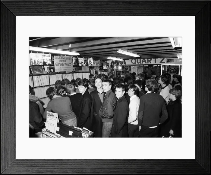 Framed Print : Skids, new wave, post punk, rock group, pictured meeting fans at Quicksilver Record Shop Framed Print : Skids, new wave, post punk, rock group, pictured meeting fans at Quicksilver Record Shop
