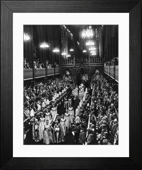 Framed Print : Queen Elizabeth II The Coronation 1953 leaving Westminster Abbey walking down
