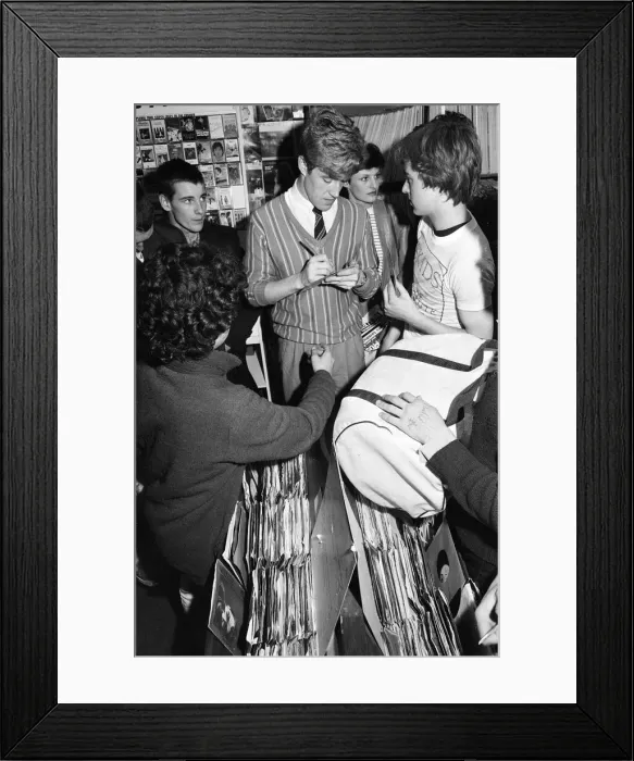 Framed Print : Skids, new wave, post punk, rock group, pictured meeting fans at Quicksilver Record Shop Framed Print : Skids, new wave, post punk, rock group, pictured meeting fans at Quicksilver Record Shop