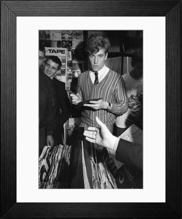 Framed Print : Skids, new wave, post punk, rock group, pictured meeting fans at Quicksilver Record Shop Framed Print : Skids, new wave, post punk, rock group, pictured meeting fans at Quicksilver Record Shop