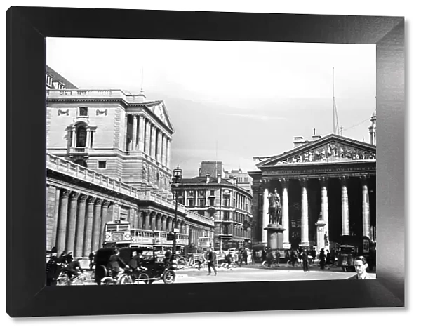 Threadneedle Street, London. Circa 1936. (Bank of England left, Royal Exchange right)