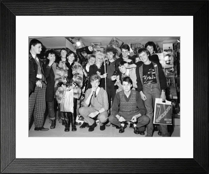 Framed Print : Skids, new wave, post punk, rock group, pictured meeting fans at Quicksilver Record Shop