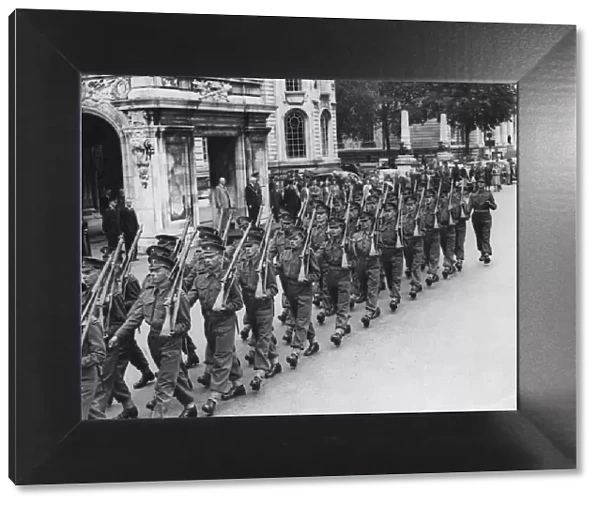 Welsh Guards on Parade, pass by City Hall, Cardiff, Wales, Circa 1939