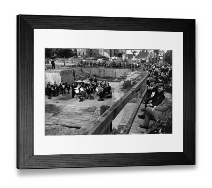 Framed Print : Chelsea holidays at home. London Transport Military Band playing on a bombed site Framed Print : Chelsea holidays at home. London Transport Military Band playing on a bombed site