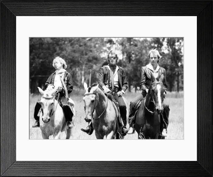 Framed Print : The Police, pop / rock group, pictured on horses. Left is guitarist Andy Framed Print : The Police, pop / rock group, pictured on horses. Left is guitarist Andy