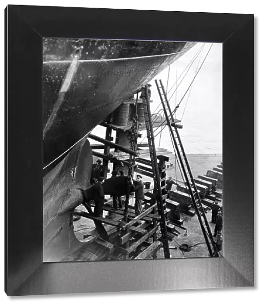 Rudder repairs in progress on a ship on one of the pontoons, Smiths Dock Co. Limited