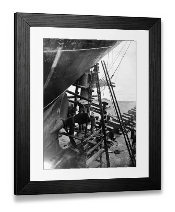 Framed Print : Rudder repairs in progress on a ship on one of the pontoons, Smiths Dock Co. Limited Framed Print : Rudder repairs in progress on a ship on one of the pontoons, Smiths Dock Co. Limited