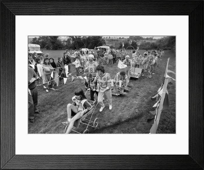 Framed Print : Pram Race, Lambourn, Berkshire, October 1985
