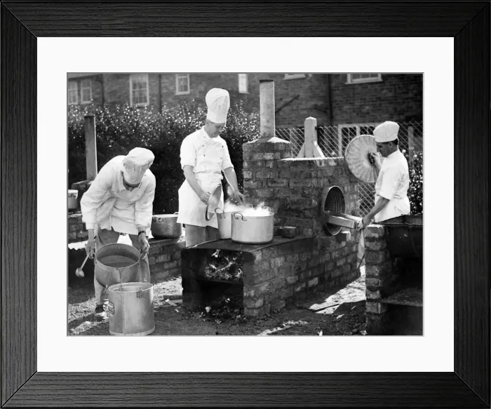 Framed Print : Chefs from Liverpool Education Committee School, prepare a meal in a field kitchen using Framed Print : Chefs from Liverpool Education Committee School, prepare a meal in a field kitchen using