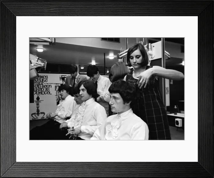 Framed Print : Members of the British pop group The Kinks having their hair styled at a salon Framed Print : Members of the British pop group The Kinks having their hair styled at a salon