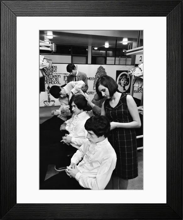 Framed Print : Members of the British pop group The Kinks having their hair styled at a salon Framed Print : Members of the British pop group The Kinks having their hair styled at a salon