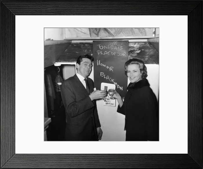 Framed Print : The wedding reception of of Honor Blackman and Maurice Kaufman held at a Chelsea club