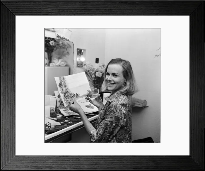 Framed Print : Actress Honor Blackman reads telegrams of congratulations in her dressing room Framed Print : Actress Honor Blackman reads telegrams of congratulations in her dressing room