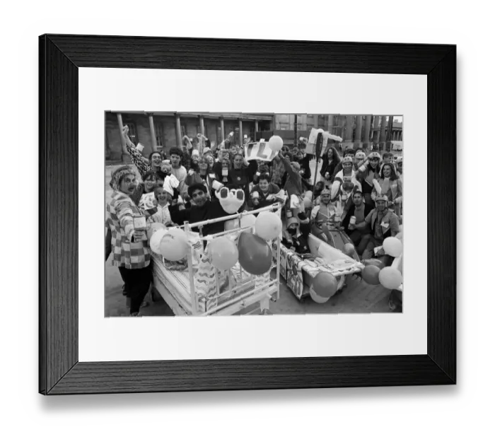 Framed Print : Rag time... Huddersfield Polytechnic students at the start of a town centre bath
