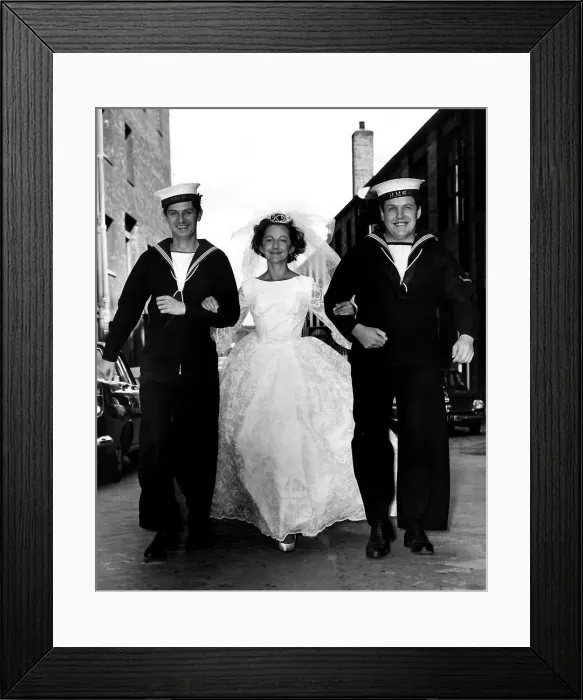 Framed Print : James Ellis actor and Colin Welland actor as Sailors walk with bride July 1964