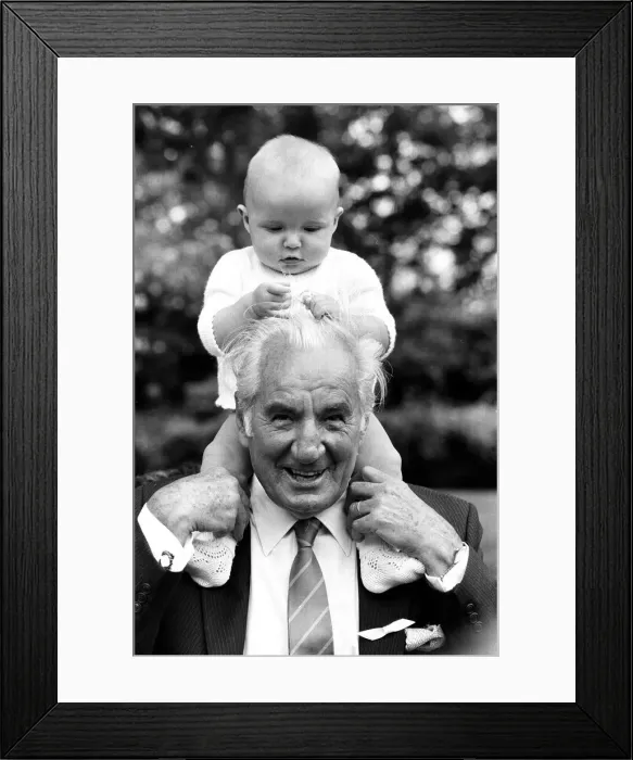 Framed Print : Fred Perry, former Wimbledon 3 times champion, with his grandson John Perry Framed Print : Fred Perry, former Wimbledon 3 times champion, with his grandson John Perry