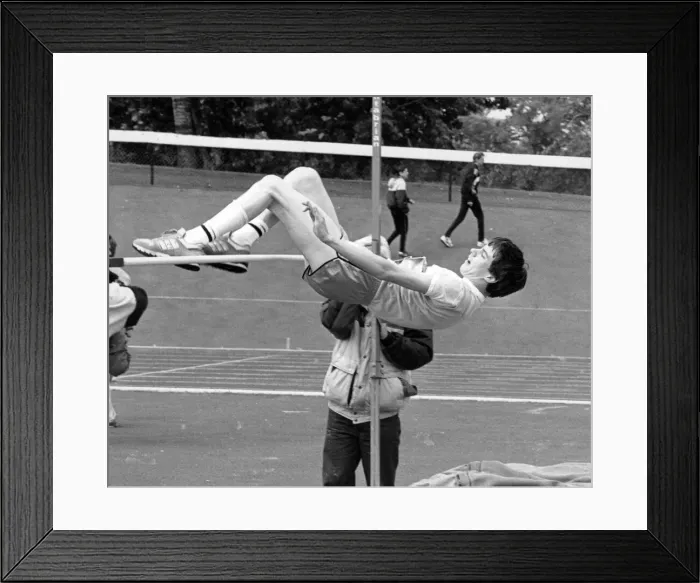Framed Print : Peter Burke of Mandale Harriers competes in High Jump, 19th July 1987 Framed Print : Peter Burke of Mandale Harriers competes in High Jump, 19th July 1987