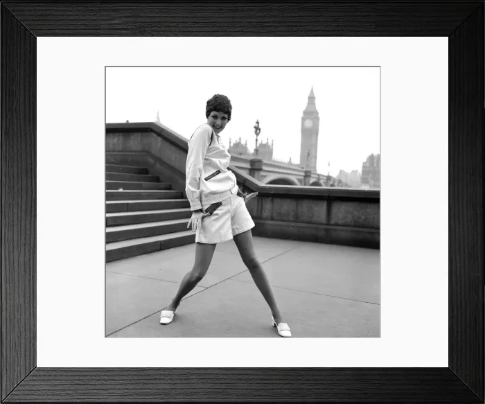 Framed Print : A model wears The Mary Quant Zipper Outfit, here, by the Thames at Westminster Framed Print : A model wears The Mary Quant Zipper Outfit, here, by the Thames at Westminster