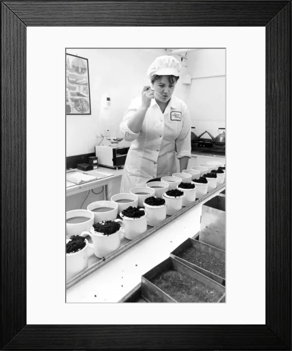 Framed Print : Quality controller Sally Nicholas checks the tea for taste at the Tetley Tea factory