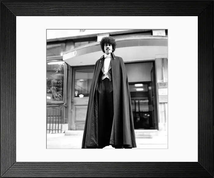 Framed Print : Phil Lynott of Thin Lizzy modelling clothes from Saville Row, London Framed Print : Phil Lynott of Thin Lizzy modelling clothes from Saville Row, London