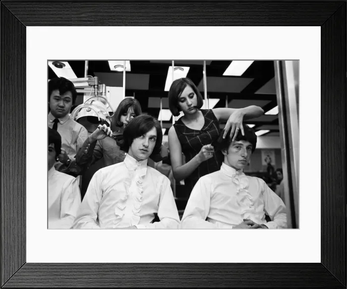 Framed Print : Members of the British pop group The Kinks having their hair styled at a salon Framed Print : Members of the British pop group The Kinks having their hair styled at a salon