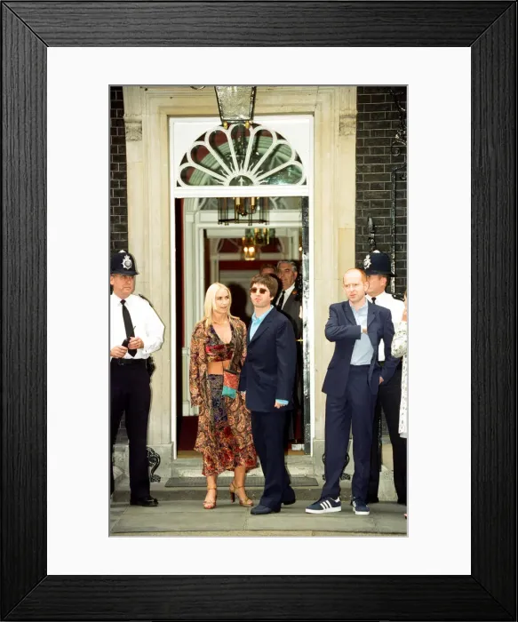 Framed Print : Noel Gallagher and his girlfriend Meg Matthews at 10 Downing Street for a party held by Framed Print : Noel Gallagher and his girlfriend Meg Matthews at 10 Downing Street for a party held by