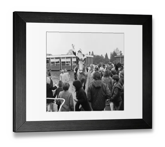 Framed Print : Father Christmas arrives on horseback at Woodley School 30th November 1968