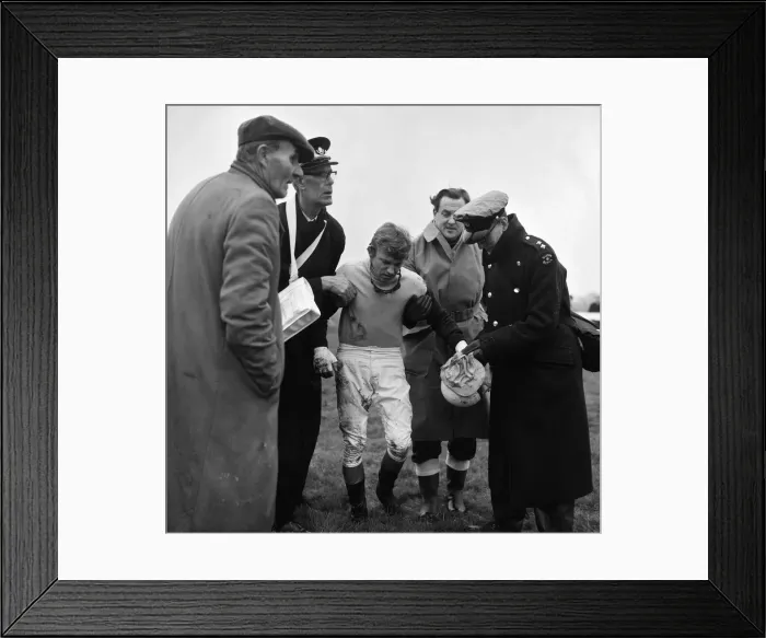 Framed Print : Horse racing at Windsor, a jockey who has fallen from his horse is helped