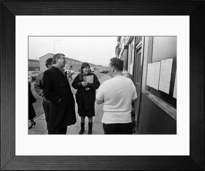 Framed Print : Lord Gifford visits Granby Street, Toxteth. 29th November 1988 Framed Print : Lord Gifford visits Granby Street, Toxteth. 29th November 1988