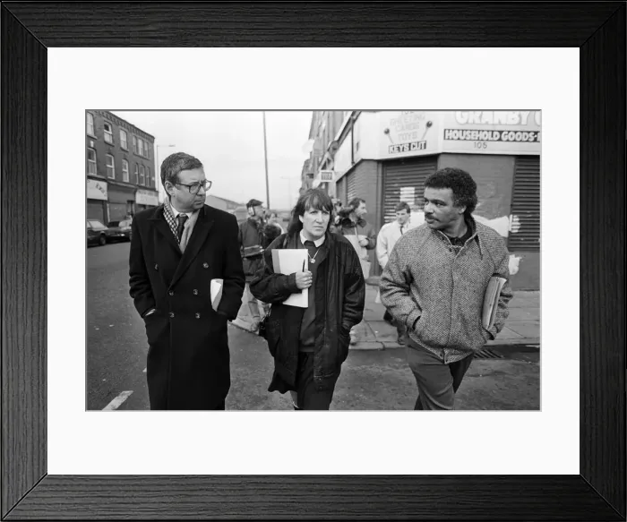 Framed Print : Lord Gifford visits Granby Street, Toxteth. 29th November 1988 Framed Print : Lord Gifford visits Granby Street, Toxteth. 29th November 1988