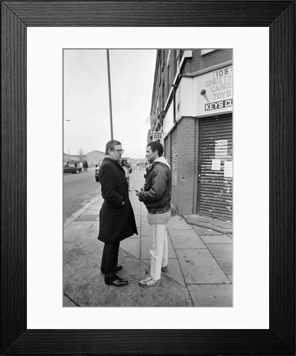 Framed Print : Lord Gifford visits Granby Street, Toxteth. 29th November 1988 Framed Print : Lord Gifford visits Granby Street, Toxteth. 29th November 1988
